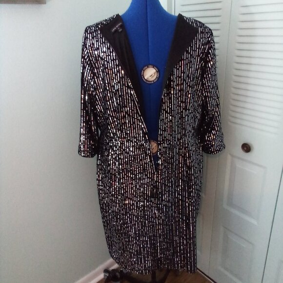 NWT LANE BRYANT 22 BLACK SILVER SEQUINED FAUX WRAP DRESS 3/4 SLEEVES ZIPPER FUN - Picture 4 of 16